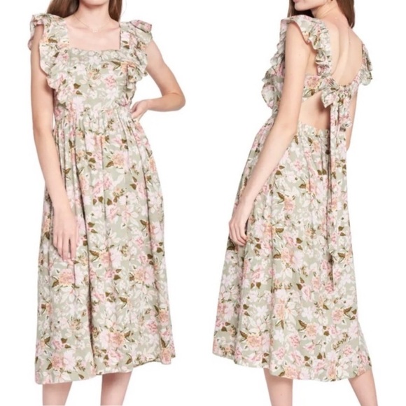 En Saison Maris Green Floral Midi Dress Medium tie back ruffle flowy retro sage - Picture 1 of 13